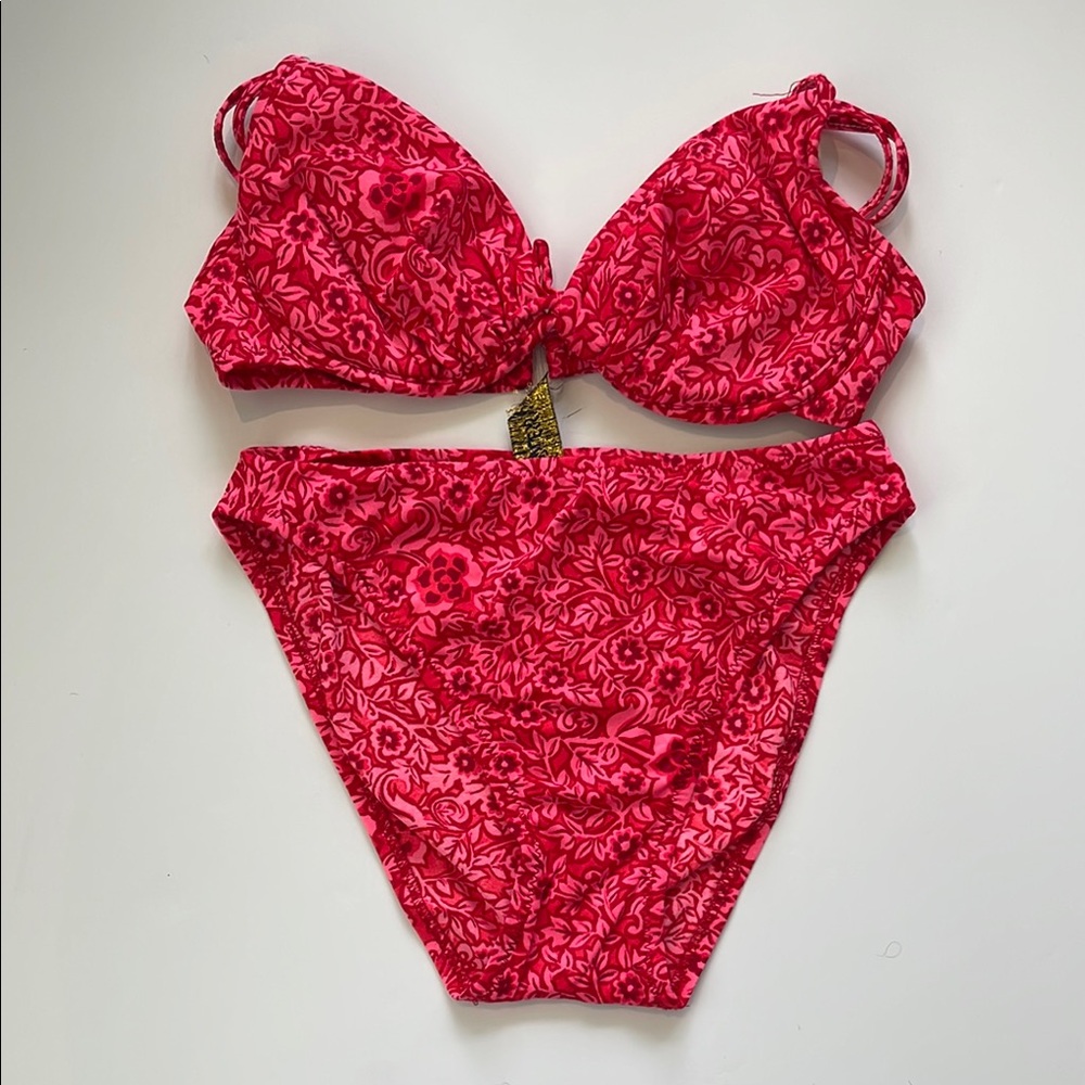 Endless Sun Vintage Red Floral Bikini Set High Leg Bottoms/Underwire Top Sz S